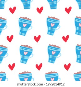 Vector seamless pattern of kawaii coffee cups and hearts on a pastel purple background