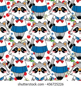 Vector seamless pattern. Kawaii, cute smiling raccoon girl with school form, flowers, leaves and berry. Perfect for web, print, texture, fabric, background. Fun design, blue, red, black, white colors