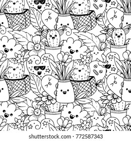 Vector seamless pattern with kawaii doodle characters and flowers isolated on background. Perfect for coloring book.