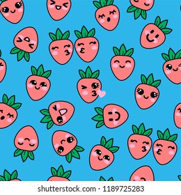 Vector seamless pattern with kawaii emoticons, cute strawberries with faces with different emotions, drawn in childish style, simple graphic emoji, endless texture for fabric, manga anime