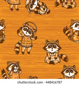 Vector seamless pattern. Kawaii family of raccoon sisters on wooden, timber background. Smiling, happy, crying, dreaming, sleeping, dancing tribal, yoga raccoons in sweet dress. Decorative ornament