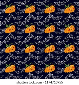 Vector seamless pattern. Kawaii funny Halloween Pumpkins with green leaves and bats on black background. Perfect for cards, posters and more. Kids cartoon design, hand drawn illustration 