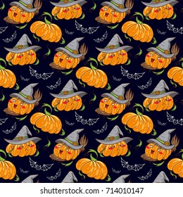 Vector seamless pattern. Kawaii funny Halloween Pumpkins with green leaves and bats on black background. Perfect for cards, posters and more. Kids cartoon design, hand drawn illustration 