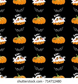 Vector seamless pattern. Kawaii funny Halloween Pumpkins with green leaves and bats on black background. Perfect for cards, posters and more. Kids cartoon design, hand drawn illustration 
