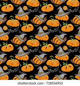 Vector seamless pattern. Kawaii funny Halloween Pumpkins with green leaves and bats on black background. Perfect for cards, posters and more. Kids cartoon design, hand drawn illustration 