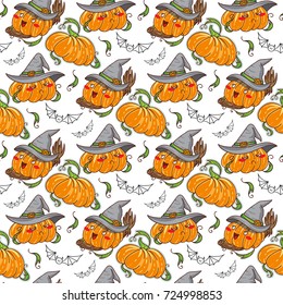 Vector seamless pattern. Kawaii funny Halloween Pumpkins with green leaves and bats on white background. Perfect for cards, posters and more. Kids cartoon design, hand drawn illustration