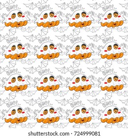Vector seamless pattern. Kawaii funny Halloween Pumpkins with green leaves and bats on white background. Perfect for cards, posters and more. Kids cartoon design, hand drawn illustration