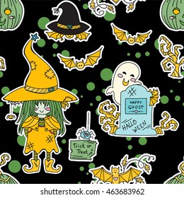Vector seamless pattern. Kawaii Halloween design in doodle hand drawn style. Swamp witch, bat, ghost, gravestone, trick or treat spider. Design for background, textile, texture, web, fabric, wallpaper