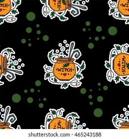 Vector seamless pattern. Kawaii Halloween design in doodle hand drawn style. Witch pot, cauldron with wavy ivy flowers. Design for background, textile, texture, web, fabric, wallpaper