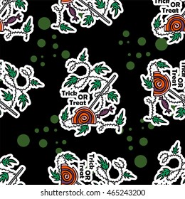 Vector seamless pattern. Kawaii Halloween design in doodle hand drawn style. Trick or treat lolly pop with wavy ivy flowers. Design for background, textile, texture, web, fabric, wallpaper