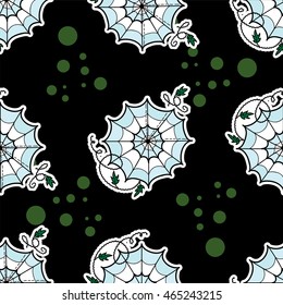 Vector seamless pattern. Kawaii Halloween design in doodle hand drawn style. Spiderweb with wavy ivy flowers. Design for background, textile, texture, web, fabric, wallpaper