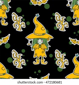 Vector seamless pattern. Kawaii Halloween design in doodle hand drawn style. Swamp witch with funny hat, scary trees, little spider. Design for background, textile, texture, web, fabric, wallpaper
