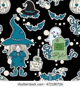 Vector seamless pattern. Kawaii Halloween design in doodle hand drawn style. Swamp witch, bats, ghost, gravestone, trick or treat spider. Design for background, textile, texture, web, fabric