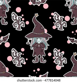 Vector seamless pattern. Kawaii Halloween design in doodle hand drawn style. Swamp witch with funny hat, scary trees, little spider. Design for background, textile, texture, web, fabric, wallpaper