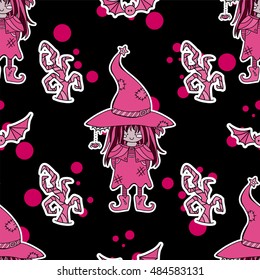 Vector seamless pattern. Kawaii Halloween design in doodle hand drawn style. Swamp witch with funny hat, scary trees, little spider. Design for background, textile, texture, web, fabric, wallpaper