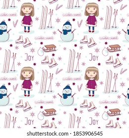 Vector seamless pattern of kawaii hand-drawn winter illustration. Cute little girl, mittens, hat, skis, sledges, snowflakes, skates. Winter mood and joy lettering.