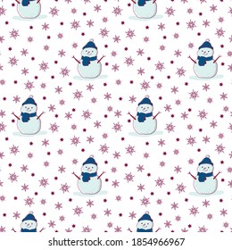Vector seamless pattern of kawaii hand-drawn winter illustration. Cute snowman, stars and snowflakes. Winter mood and joy lettering.