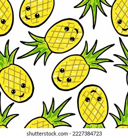 Vector Seamless Pattern with kawaii Pineapples, cartoon character summer wallpaper