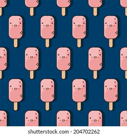 Vector seamless pattern with kawaii smiling pink ice cream on blue background