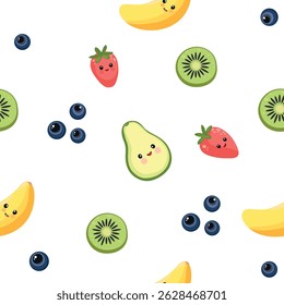 Vector seamless pattern with kawaii summer fruits – strawberry, banana, mango, blueberry, and kiwi. Cute cartoon fruit background on white for kids, wrapping paper, seasonal or holiday design.

