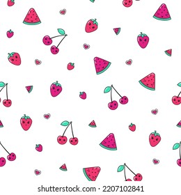 Vector seamless pattern with kawaii watermelons, cherries, strawberry on white background