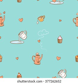 Vector seamless pattern with kettles, cups and sweet pastries on a turquoise background. Tea time. 