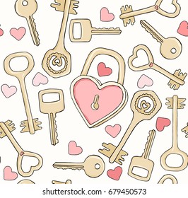 Vector seamless pattern with keys. Symbols of love. Doodle drawing, hand drawn illustration. 