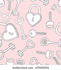 Vector seamless pattern with keys. Symbols of love. Doodle drawing, hand drawn illustration. Pink background