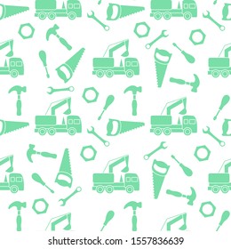 Vector seamless pattern with kid toys. Excavator, toy tools, saw, hammer, wrench, screwdriver, nut. Primary school, elementary grade, kindergarten. Happy childhood activity. Design for textile, print.