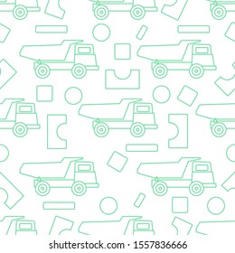 Vector seamless pattern with kid toys. Dump truck, cubes, blocks for construction. Primary school, elementary grade, kindergarten. Happy childhood activity. Design for textile, wrapping, print.