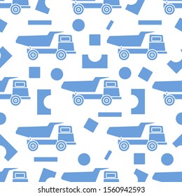 Vector seamless pattern with kid toys. Dump truck, cubes, blocks for construction. Primary school, elementary grade, kindergarten. Happy childhood activity. Design for textile, wrapping, print.