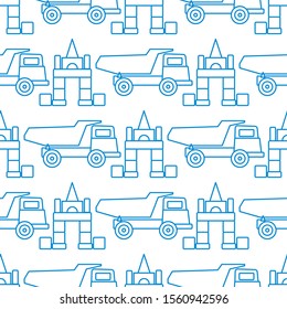 Vector seamless pattern with kid toys. Dump truck, cubes, blocks for construction. Primary school, elementary grade, kindergarten. Happy childhood activity. Design for textile, wrapping, print.