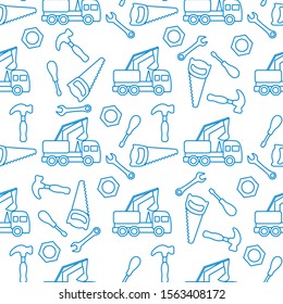 Vector seamless pattern with kid toys. Excavator, toy tools, saw, hammer, wrench, screwdriver, nut. Primary school, elementary grade, kindergarten. Happy childhood activity. Design for textile, print.