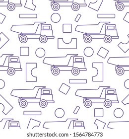 Vector seamless pattern with kid toys. Dump truck, cubes, blocks for construction. Primary school, elementary grade, kindergarten. Happy childhood activity. Design for textile, wrapping, print.