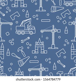 Vector seamless pattern with kid toys. Excavator, crane, toy tools, saw, hammer, wrench, screwdriver. Primary school, elementary grade, kindergarten. Happy childhood activity Design for textile, print