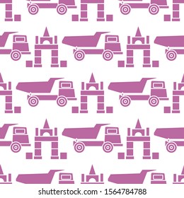 Vector seamless pattern with kid toys. Dump truck, cubes, blocks for construction. Primary school, elementary grade, kindergarten. Happy childhood activity. Design for textile, wrapping, print.