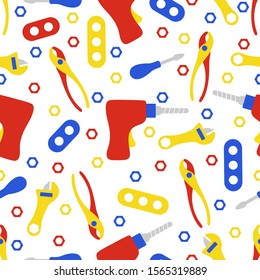 Vector seamless pattern with kid toys. Toy tools. Screwdriver, detail, drill, nut, adjustable wrench, pliers. Primary school elementary grade kindergarten. Happy childhood activity. Design for print