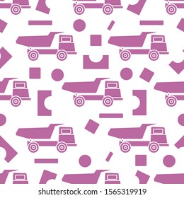 Vector seamless pattern with kid toys. Dump truck, cubes, blocks for construction. Primary school, elementary grade, kindergarten. Happy childhood activity. Design for textile, wrapping, print.