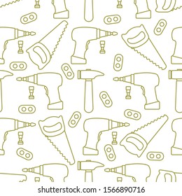 Vector seamless pattern with kid toys. Toy tools Saw, hammer, cordless screwdriver, detail. Primary school, elementary grade, kindergarten Happy childhood activity. Design for textile, wrapping, print