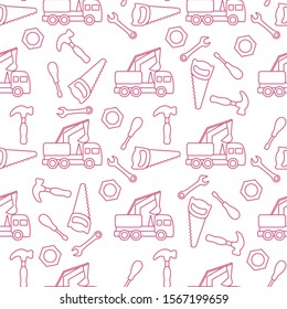 Vector seamless pattern with kid toys. Excavator, toy tools, saw, hammer, wrench, screwdriver, nut. Primary school, elementary grade, kindergarten. Happy childhood activity. Design for textile, print.