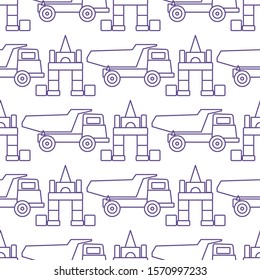 Vector seamless pattern with kid toys. Dump truck, cubes, blocks for construction. Primary school, elementary grade, kindergarten. Happy childhood activity. Design for textile, wrapping, print.