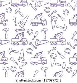 Vector seamless pattern with kid toys. Excavator, toy tools, saw, hammer, wrench, screwdriver, nut. Primary school, elementary grade, kindergarten. Happy childhood activity. Design for textile, print.
