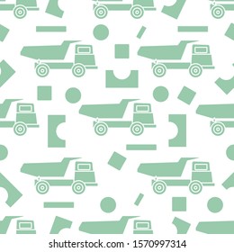 Vector seamless pattern with kid toys. Dump truck, cubes, blocks for construction. Primary school, elementary grade, kindergarten. Happy childhood activity. Design for textile, wrapping, print.