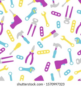 Vector seamless pattern with kid toys Toy tools Hammer, wrench, screwdriver, detail, drill, ax, adjustable wrench Primary school elementary grade kindergarten Happy childhood activity Design for print