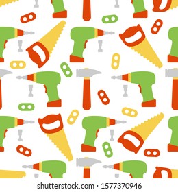 Vector seamless pattern with kid toys. Toy tools Saw, hammer, cordless screwdriver, detail. Primary school, elementary grade, kindergarten Happy childhood activity. Design for textile, wrapping, print