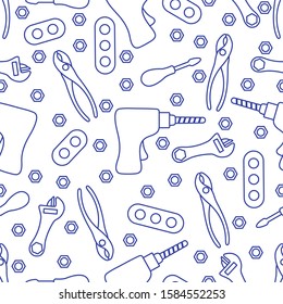 Vector seamless pattern with kid toys. Toy tools. Screwdriver, detail, drill, nut, adjustable wrench, pliers. Primary school elementary grade kindergarten. Happy childhood activity. Design for print