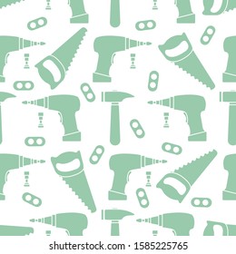 Vector seamless pattern with kid toys. Toy tools Saw, hammer, cordless screwdriver, detail. Primary school, elementary grade, kindergarten Happy childhood activity. Design for textile, wrapping, print