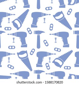 Vector seamless pattern with kid toys. Toy tools Saw, hammer, cordless screwdriver, detail. Primary school, elementary grade, kindergarten Happy childhood activity. Design for textile, wrapping, print
