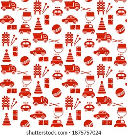 Vector seamless pattern Kid toys illustration Happy childhood Gaming items Cars pyramid, domino, xylophone drum ball Primary school, elementary grade, kindergarten Game Play Design for clothing, print
