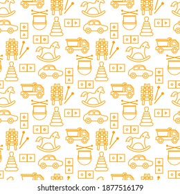 Vector seamless pattern Kid toys illustration Happy childhood game items: Cars pyramid, domino, xylophone drum ball Primary school, elementary grade, kindergarten Game Play Design for clothing, print